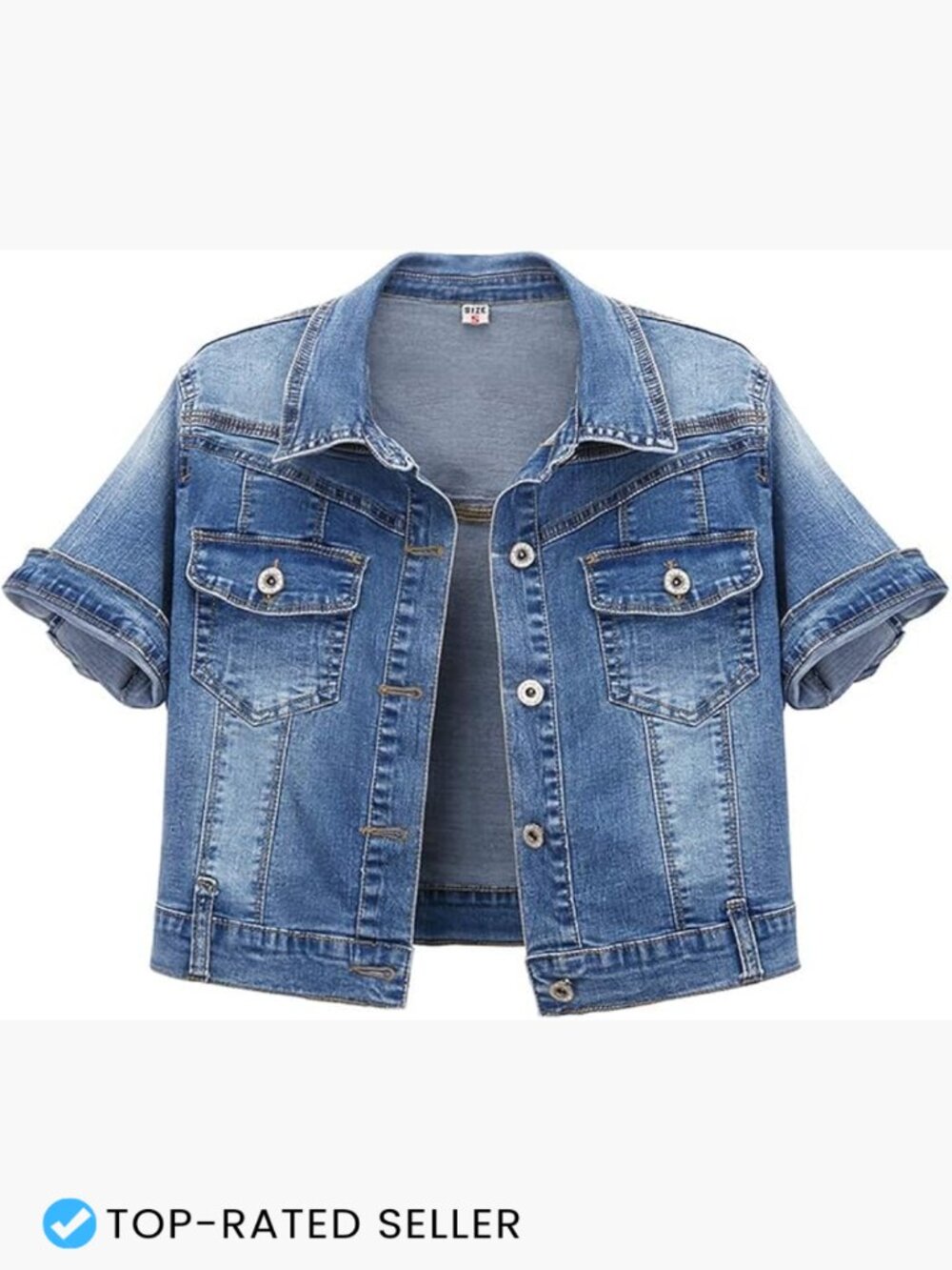 Crop Denim Trucker Jacket Short Sleeve Classic Washed Cotton Stretch Summer